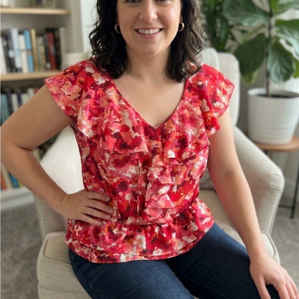 Apostrophe Red Pink Floral Ruffle Peplum Blouse